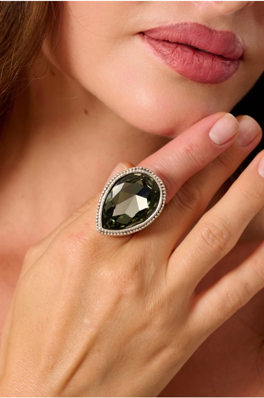 Kiraz Smoked Crystal Stoned Silver Plated Ring