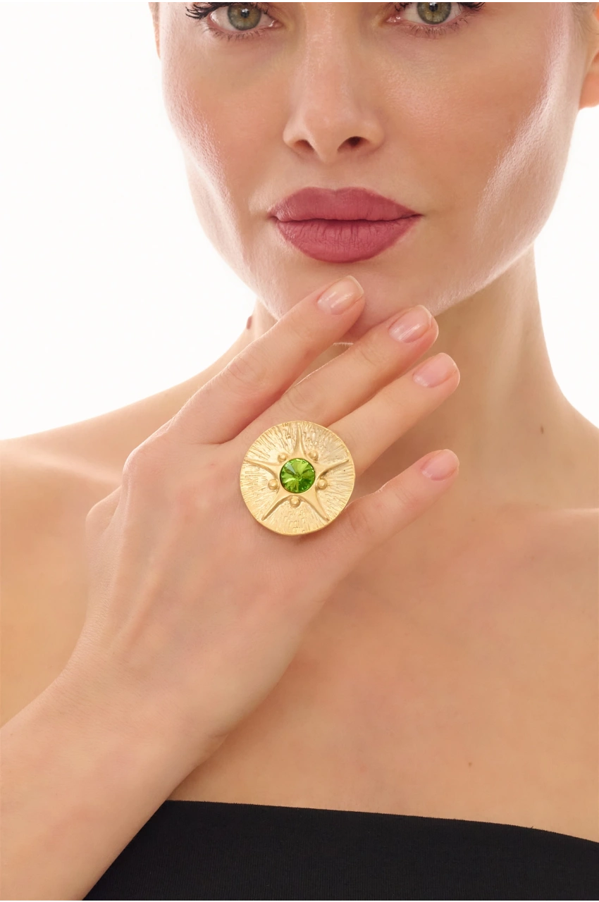 Kiraz Light Green Crystal Stoned Gold Plated Ring