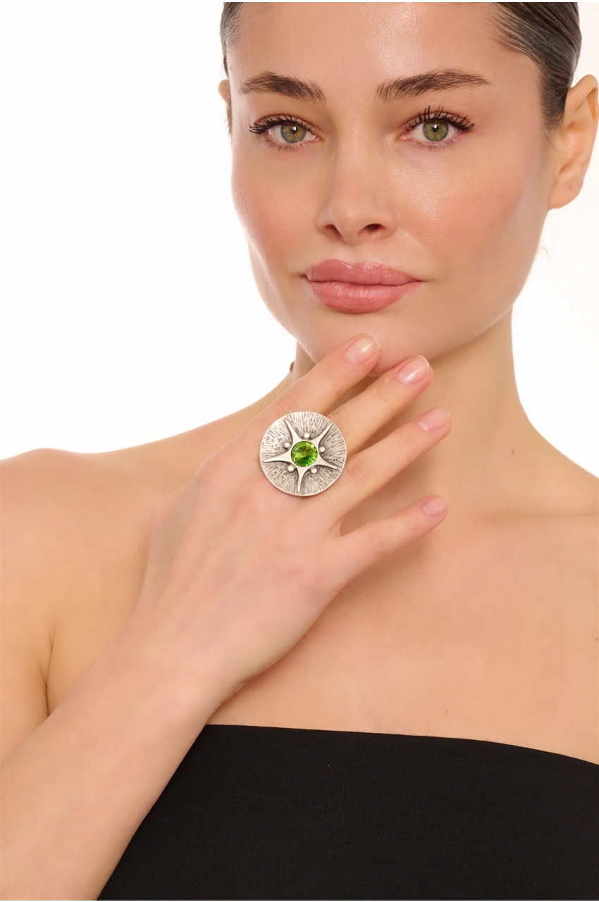 Kiraz Light Green Crystal Stoned Gold Plated Ring