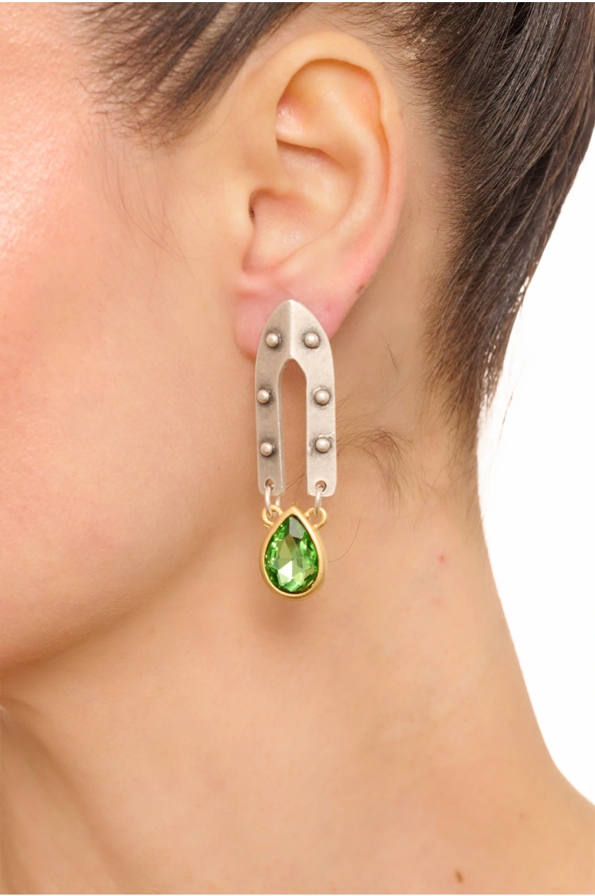 Kiraz Light Green Crystal Stoned Silver And Gold Plated Earring
