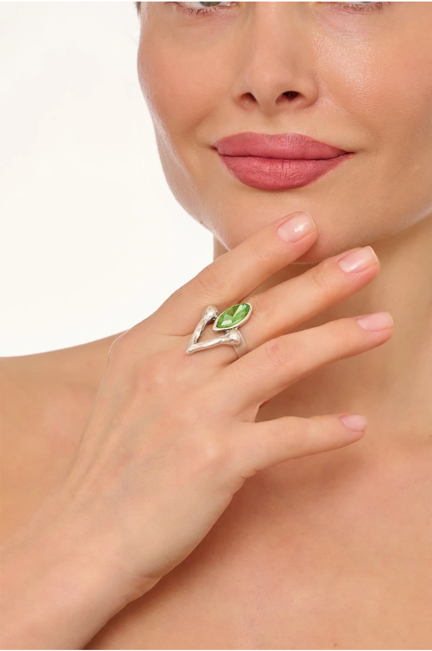 Kiraz Light Green Crystal Stoned Silver Plated Ring