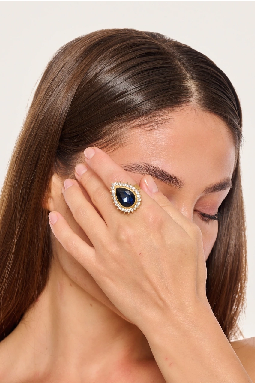 Kiraz Navy Blue Crystal Stoned Gold Plated Ring