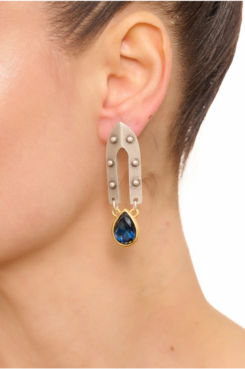 Kiraz Navy Blue Crystal Stoned Silver And Gold Plated Earring