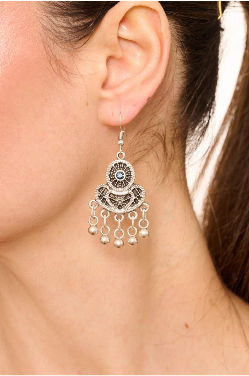 Kiraz Navy Blue Crystal Stoned Silver Plated Earring