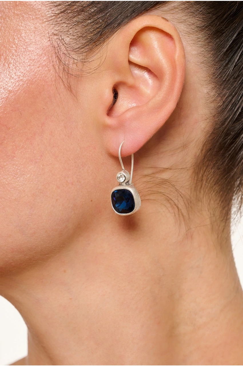 Kiraz Navy Blue Crystal Stoned Silver Plated Earring