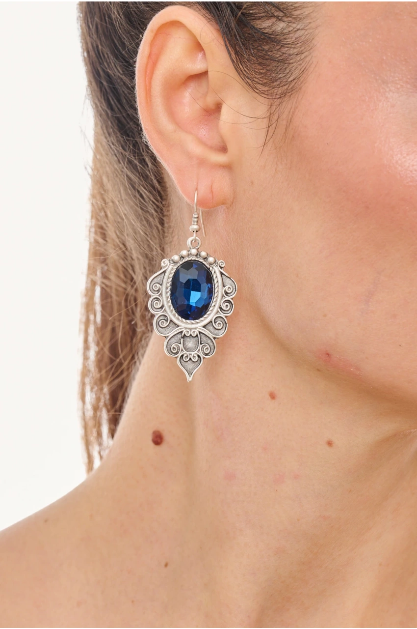 Kiraz Navy Blue Crystal Stoned Silver Plated Earring