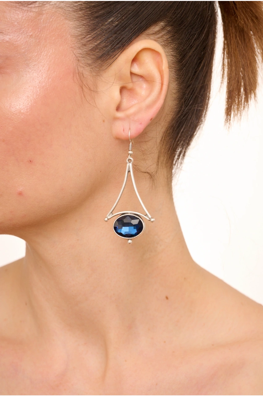 Kiraz Navy Blue Crystal Stoned Silver Plated Earring