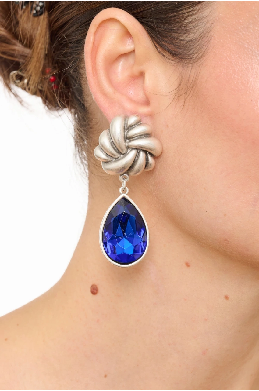 Kiraz Navy Blue Crystal Stoned Silver Plated Earring