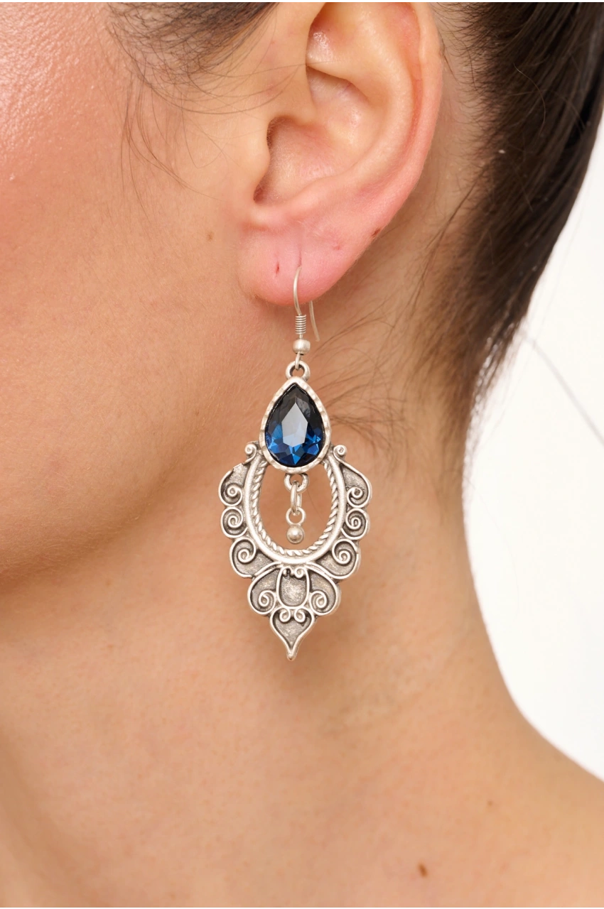 Kiraz Navy Blue Crystal Stoned Silver Plated Earring