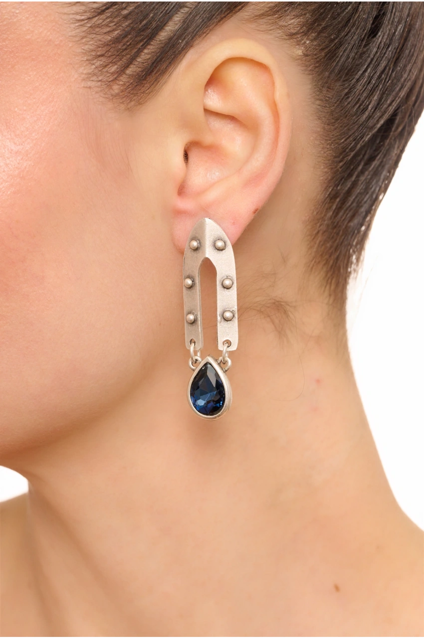 Kiraz Navy Blue Crystal Stoned Silver Plated Earring