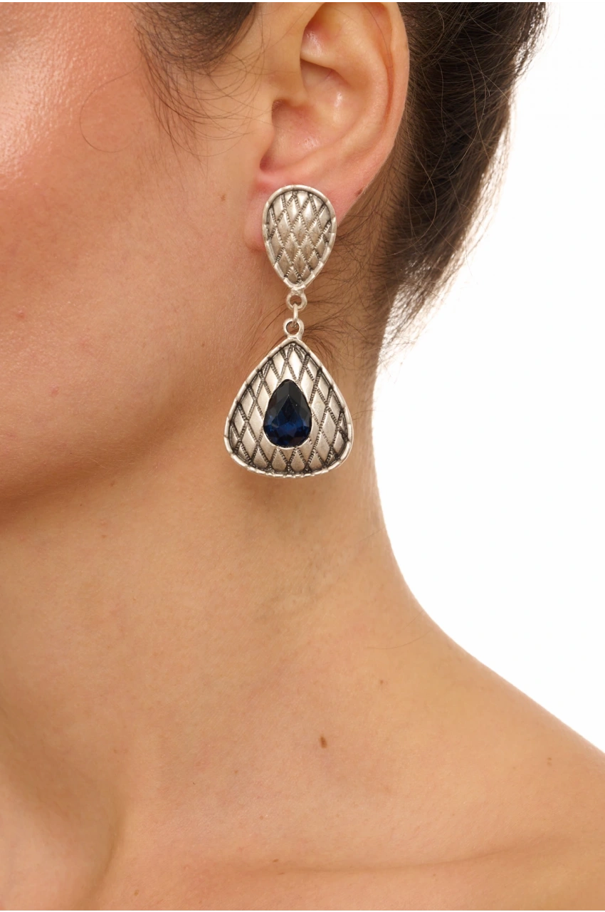Kiraz Navy Blue Crystal Stoned Silver Plated Earring