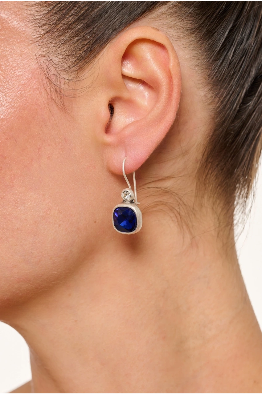 Kiraz Navy Blue Crystal Stoned Silver Plated Earring