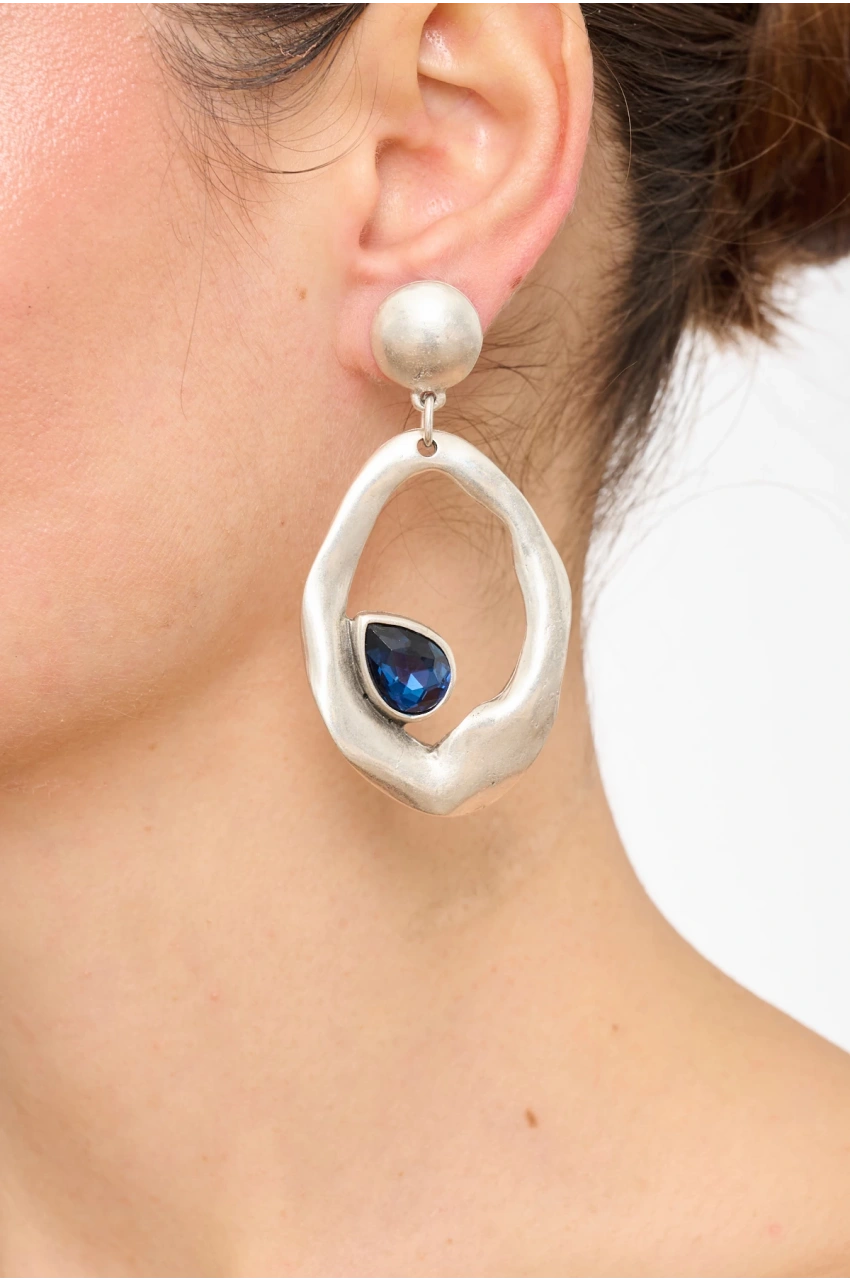 Kiraz Navy Blue Crystal Stoned Silver Plated Earring
