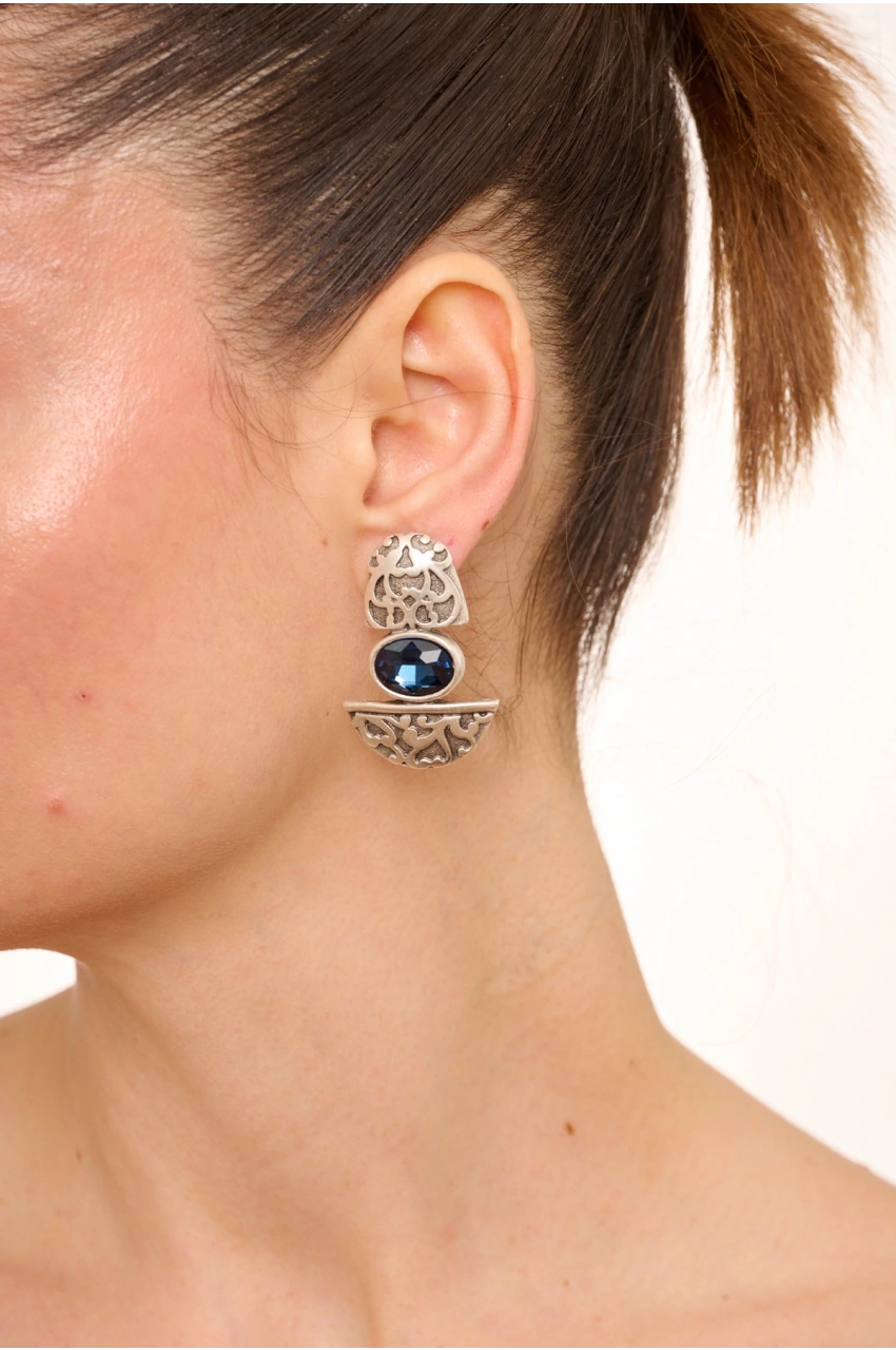 Kiraz Navy Blue Crystal Stoned Silver Plated Earring