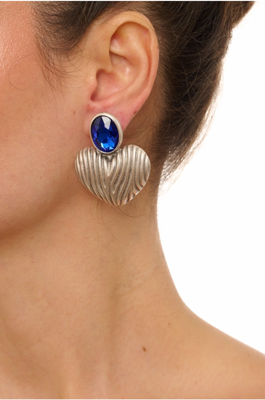 Kiraz Navy Blue Crystal Stoned Silver Plated Heart Earring