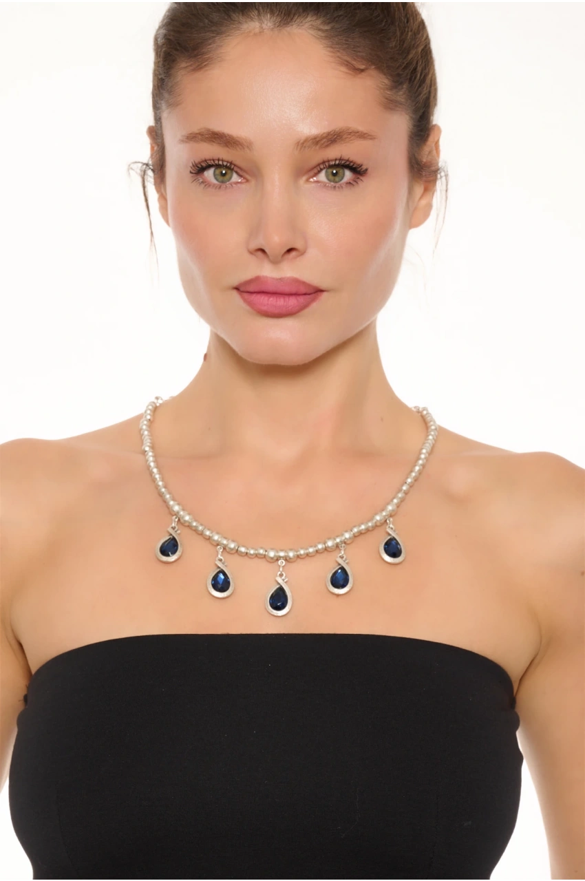 Kiraz Navy Blue Crystal Stoned Silver Plated Necklace