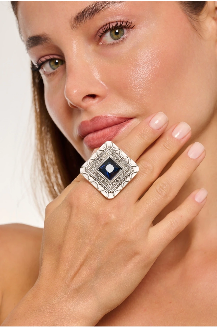 Kiraz Navy Blue Crystal Stoned Silver Plated Ring