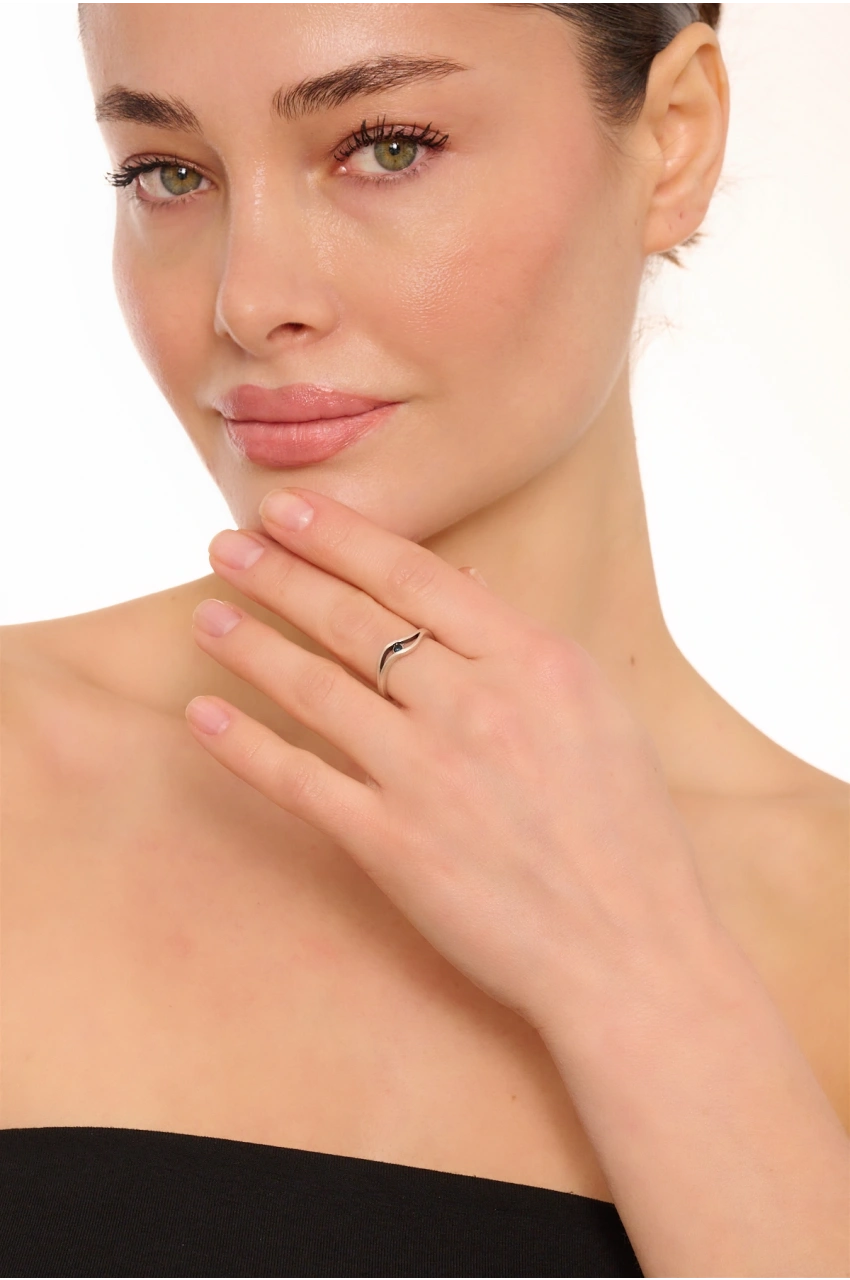 Kiraz Navy Blue Crystal Stoned Silver Plated Ring