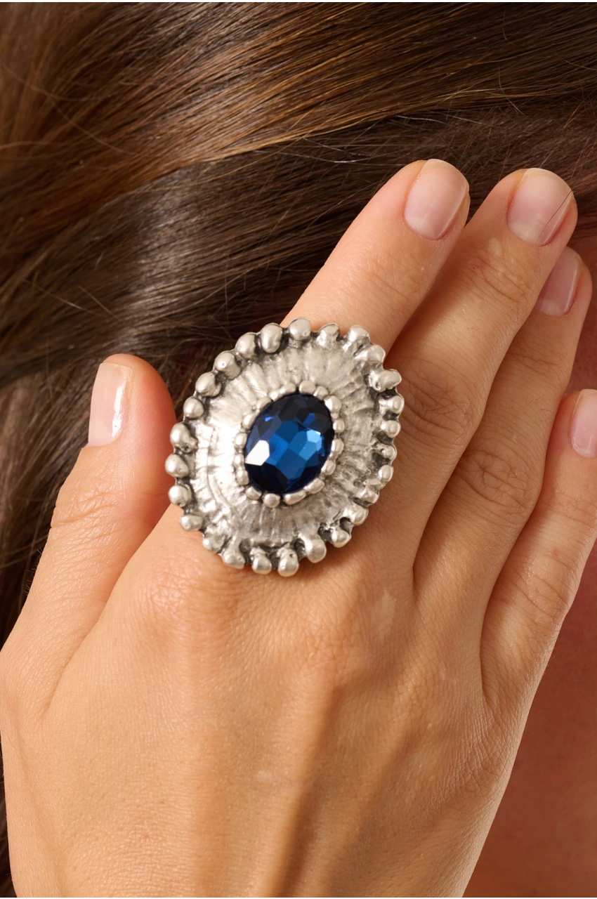 Kiraz Navy Blue Crystal Stoned Silver Plated Ring