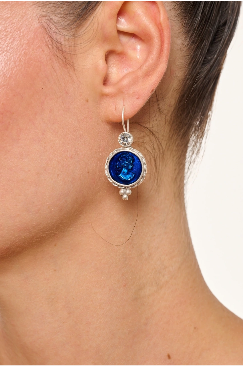 Kiraz Navy Blue Enameled Silver Plated Earring