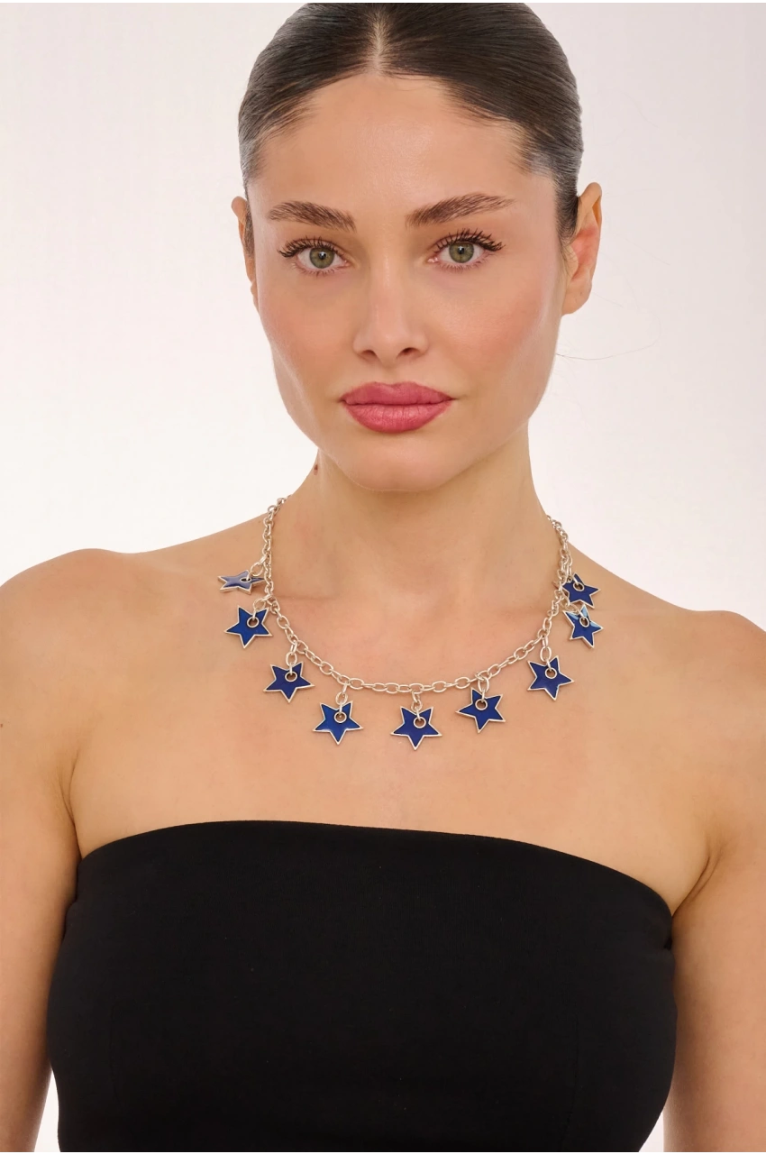 Kiraz Navy Blue Enameled Silver Plated Star Necklace