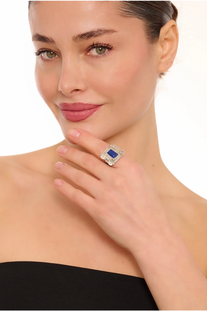 Kiraz Navy Blue Stoned Silver Plated Ring