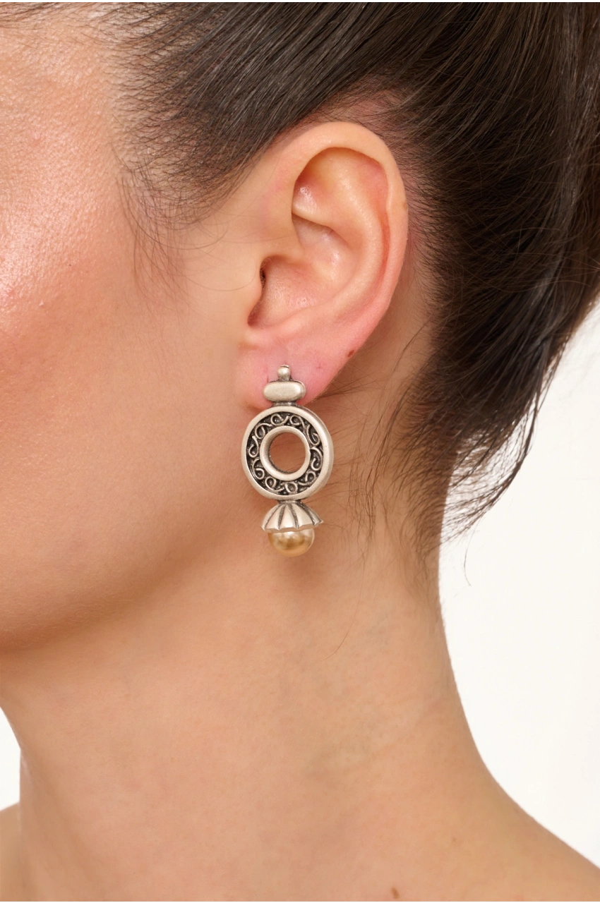 Kiraz Orange Pearl Stoned Silver Plated Earring