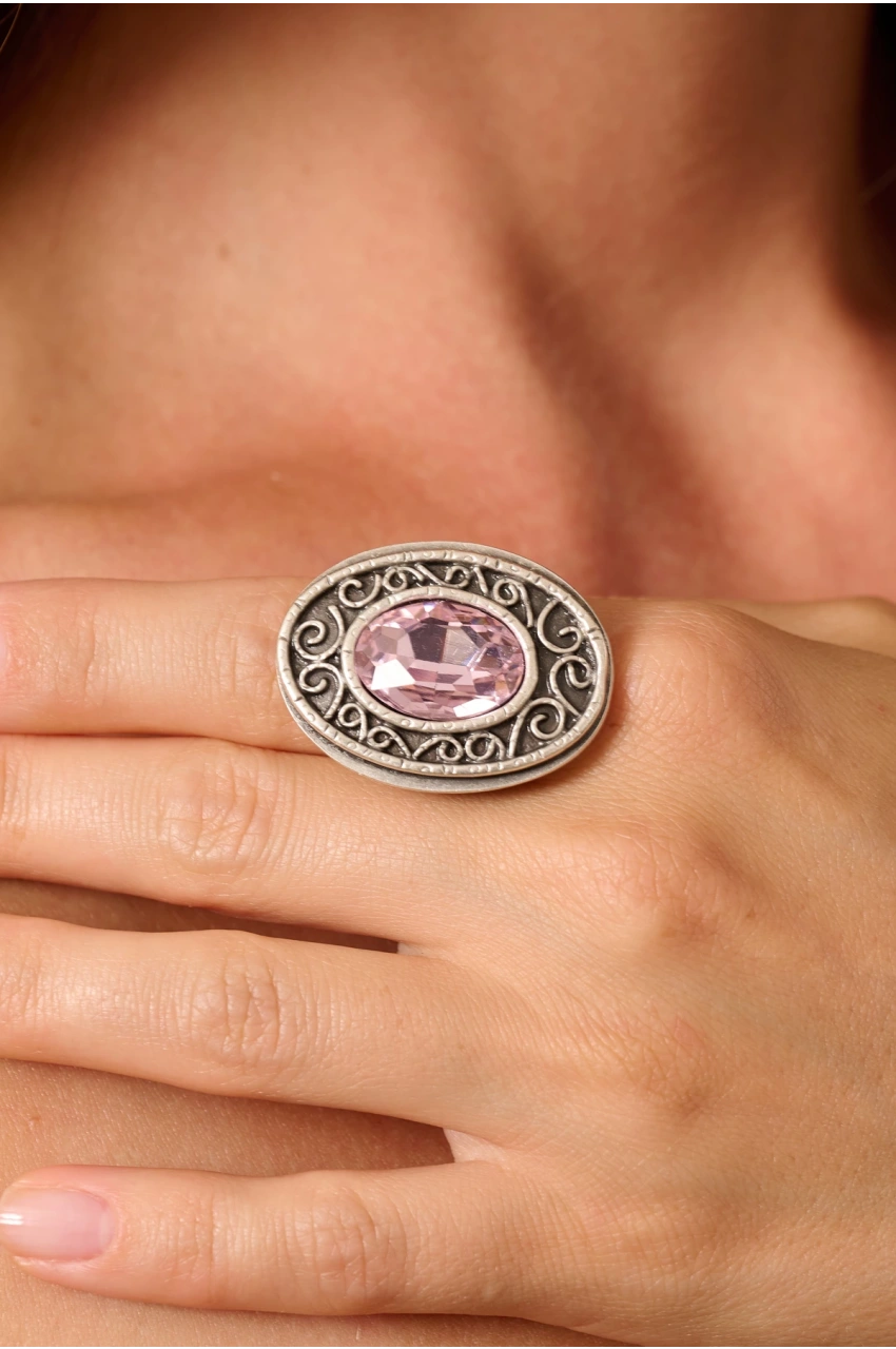 Kiraz Pink Crystal Silver Stoned Plated Ring