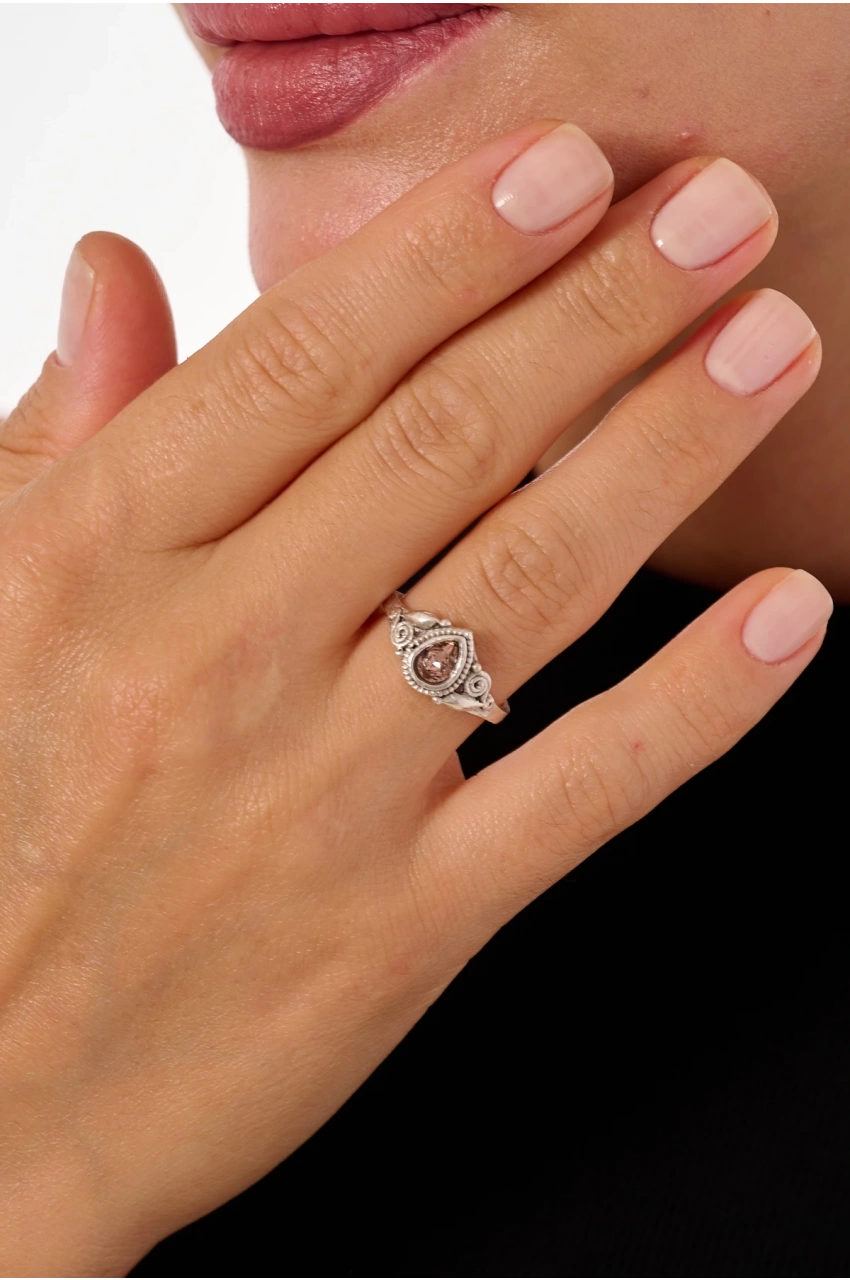 Kiraz Pink Crystal Stoned Silver Plated Ring