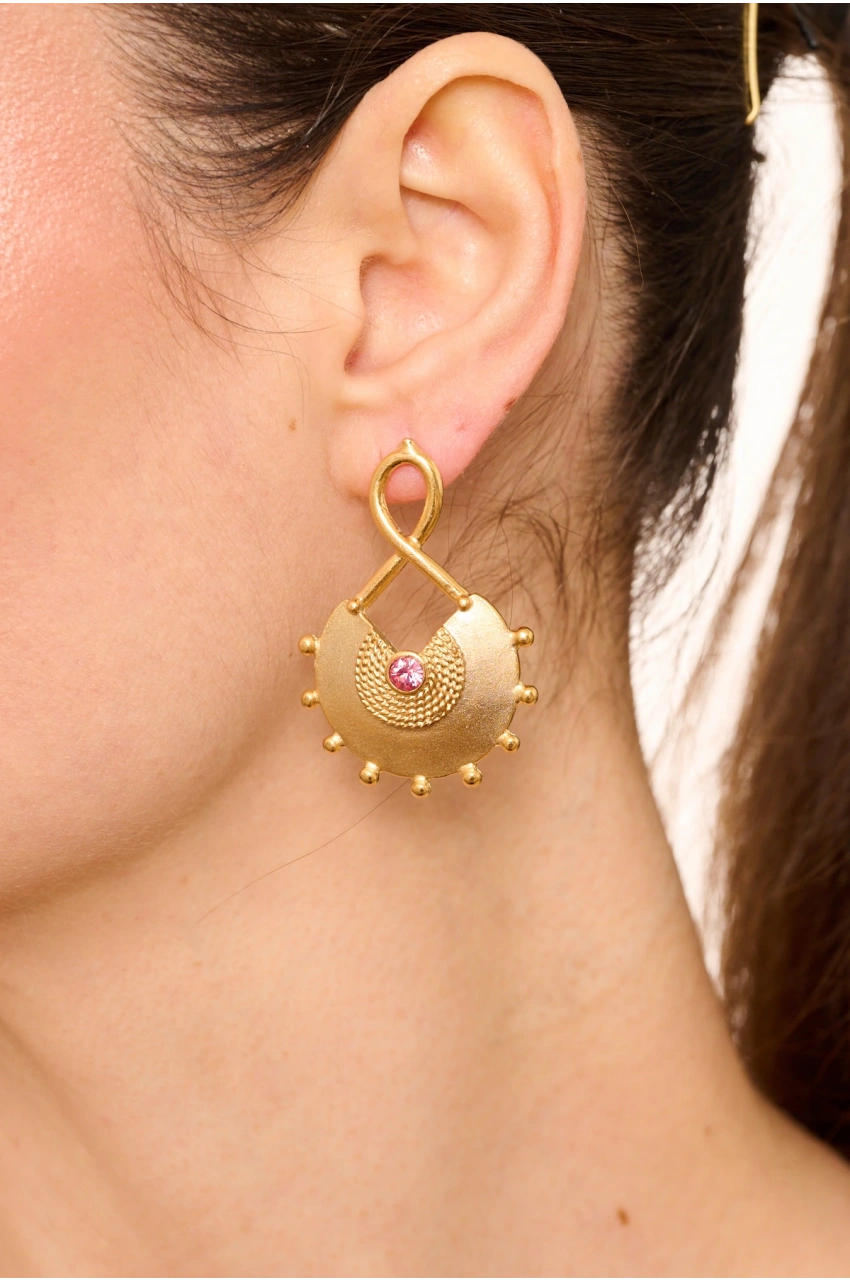 Kiraz Pink Crystal Stoned Gold Plated Earring