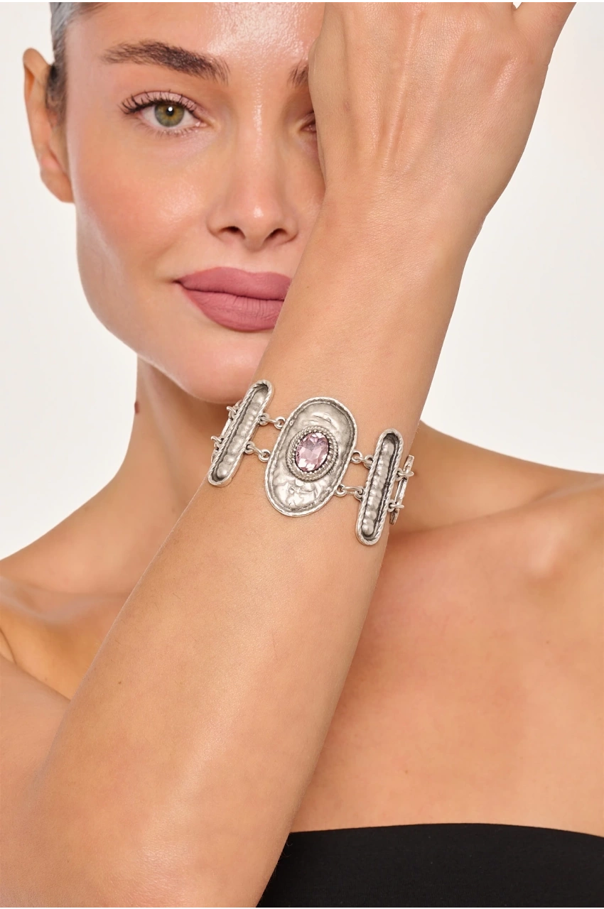 Kiraz Pink Crystal Stoned Silver Plated Bracelet