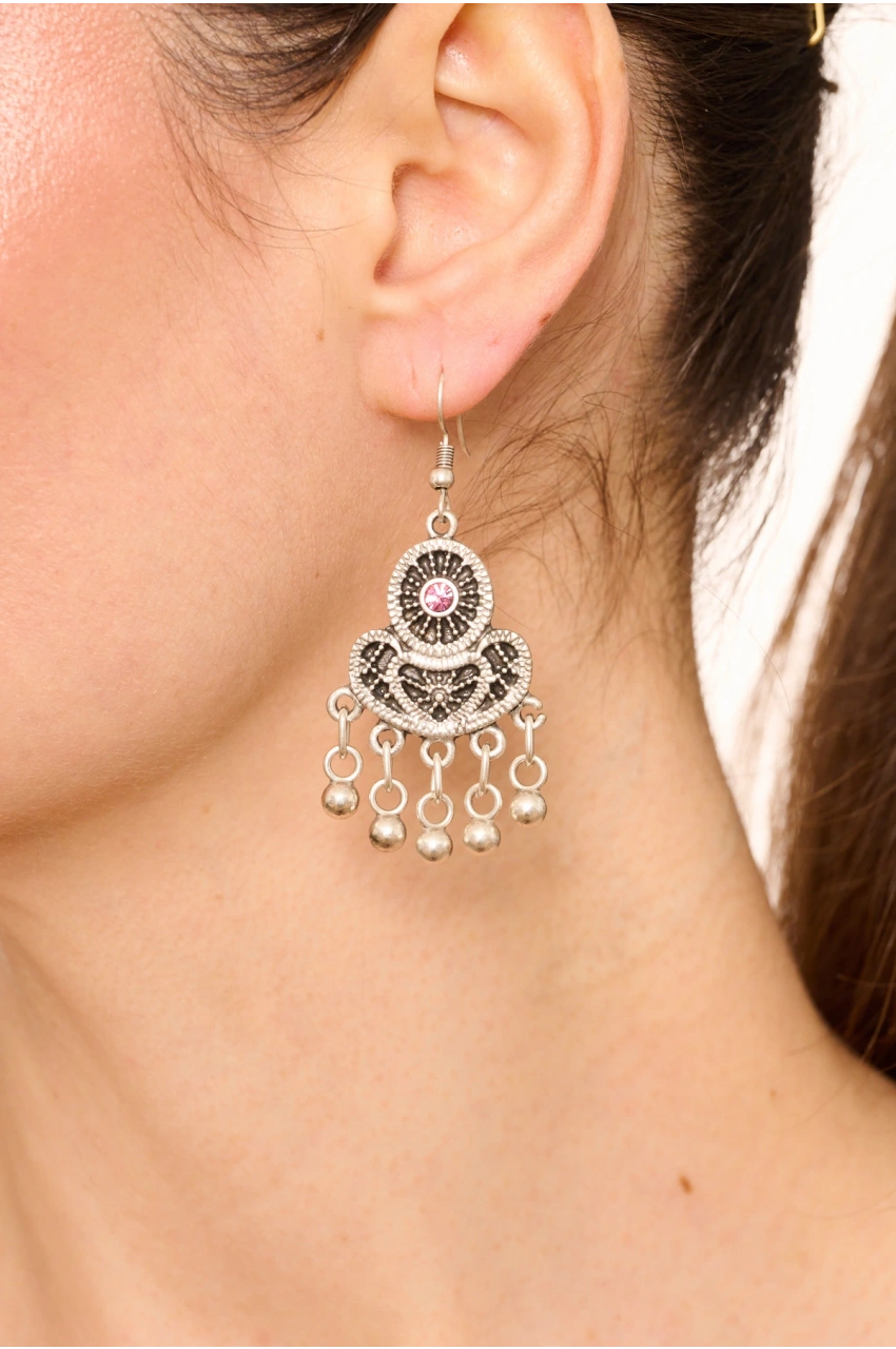 Kiraz Pink Crystal Stoned Silver Plated Earring