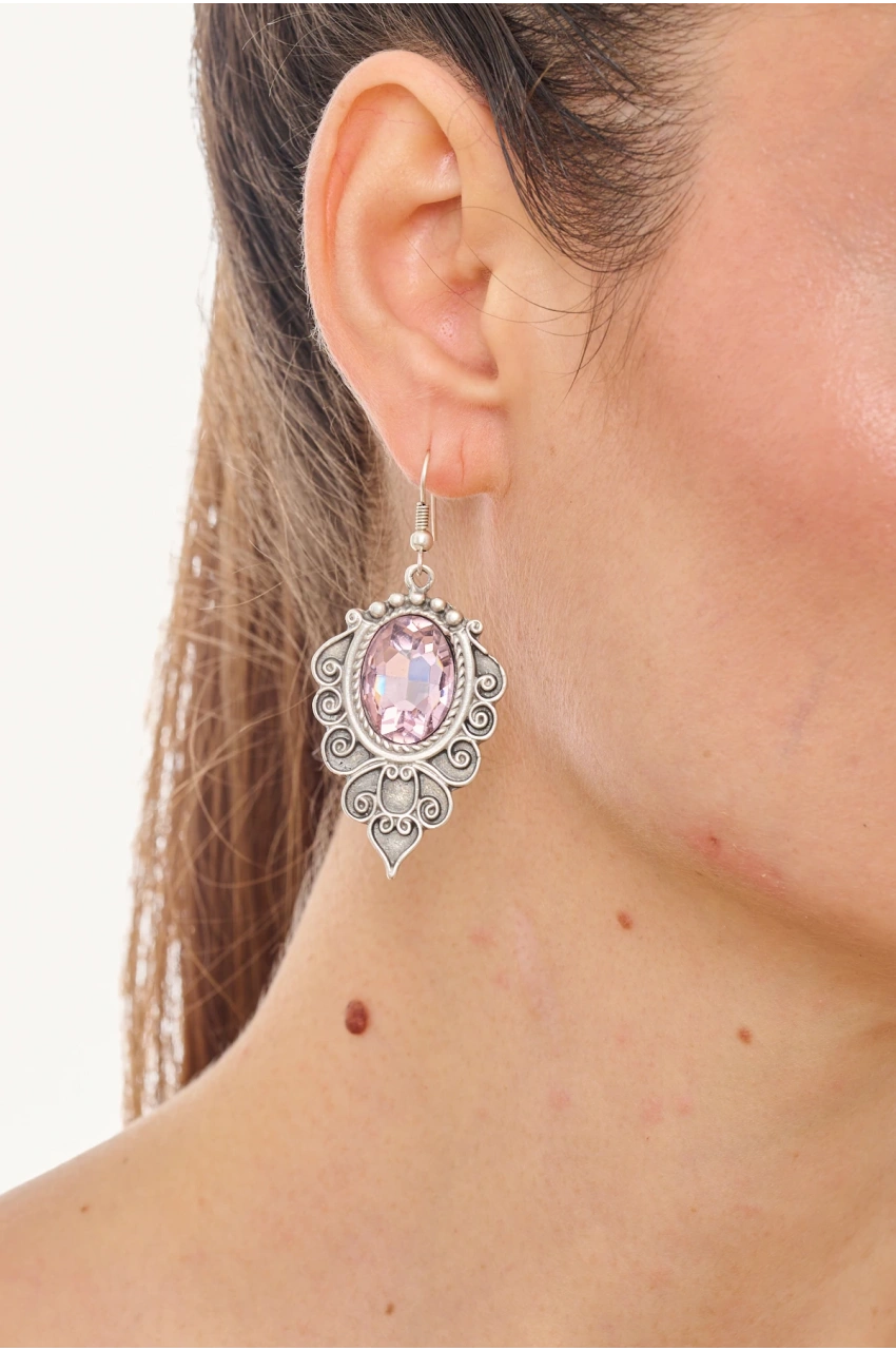 Kiraz Pink Crystal Stoned Silver Plated Earring