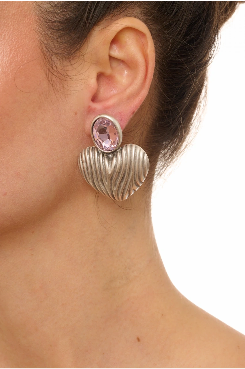 Kiraz Pink Crystal Stoned Silver Plated Heart Earring