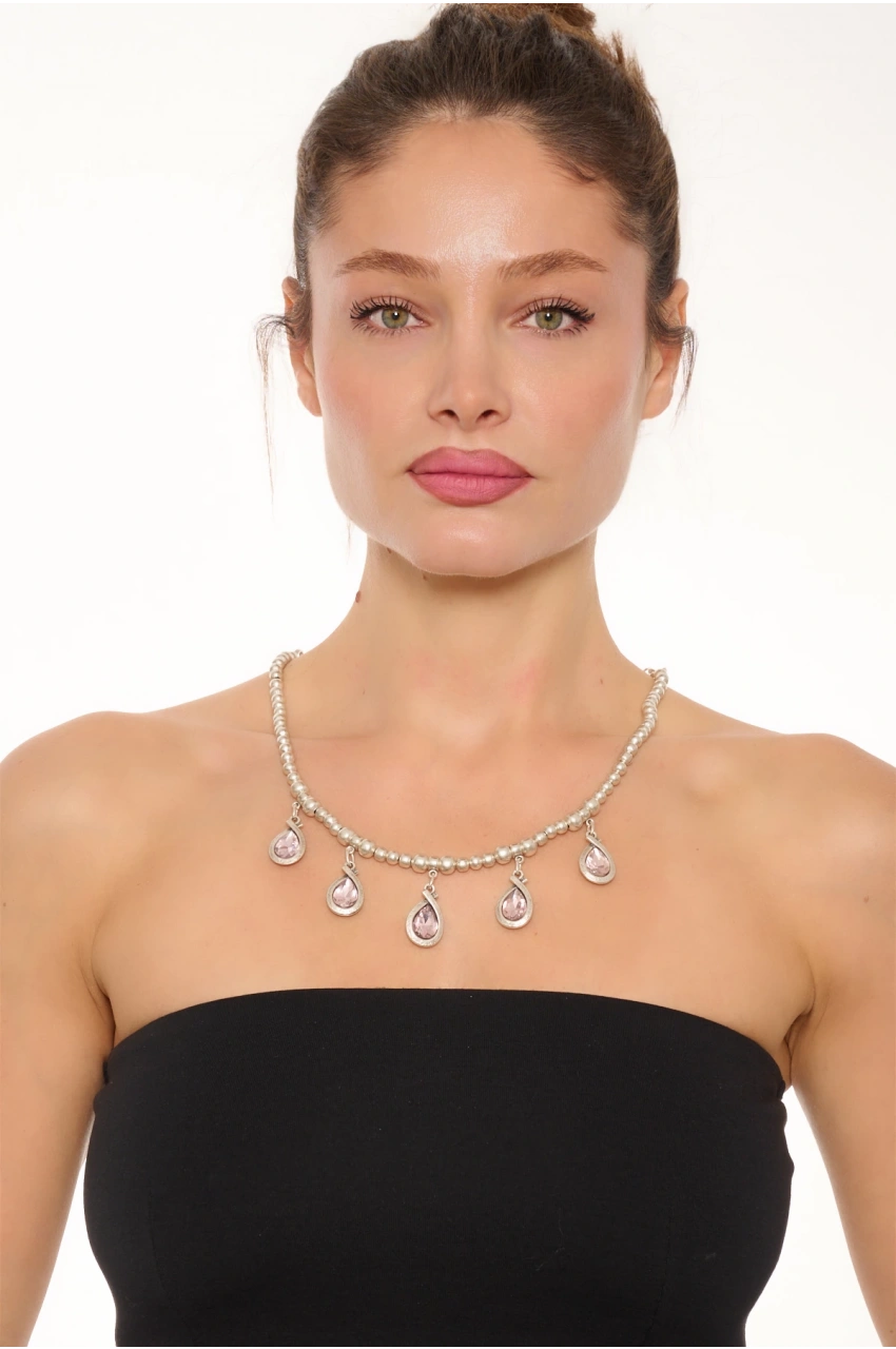 Kiraz Pink Crystal Stoned Silver Plated Necklace