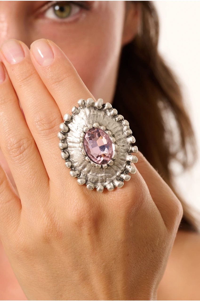 Kiraz Pink Crystal Stoned Silver Plated Ring
