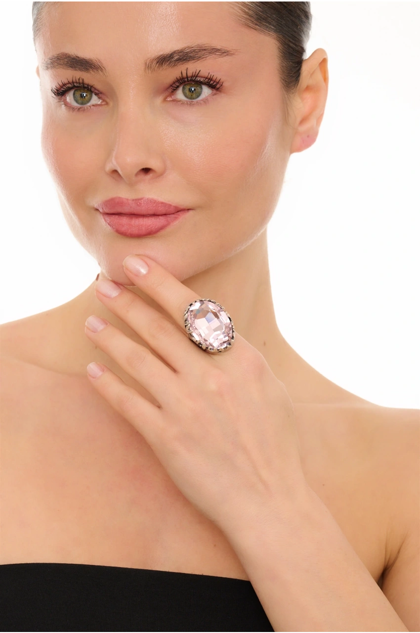 Kiraz Pink Crystal Stoned Silver Plated Ring