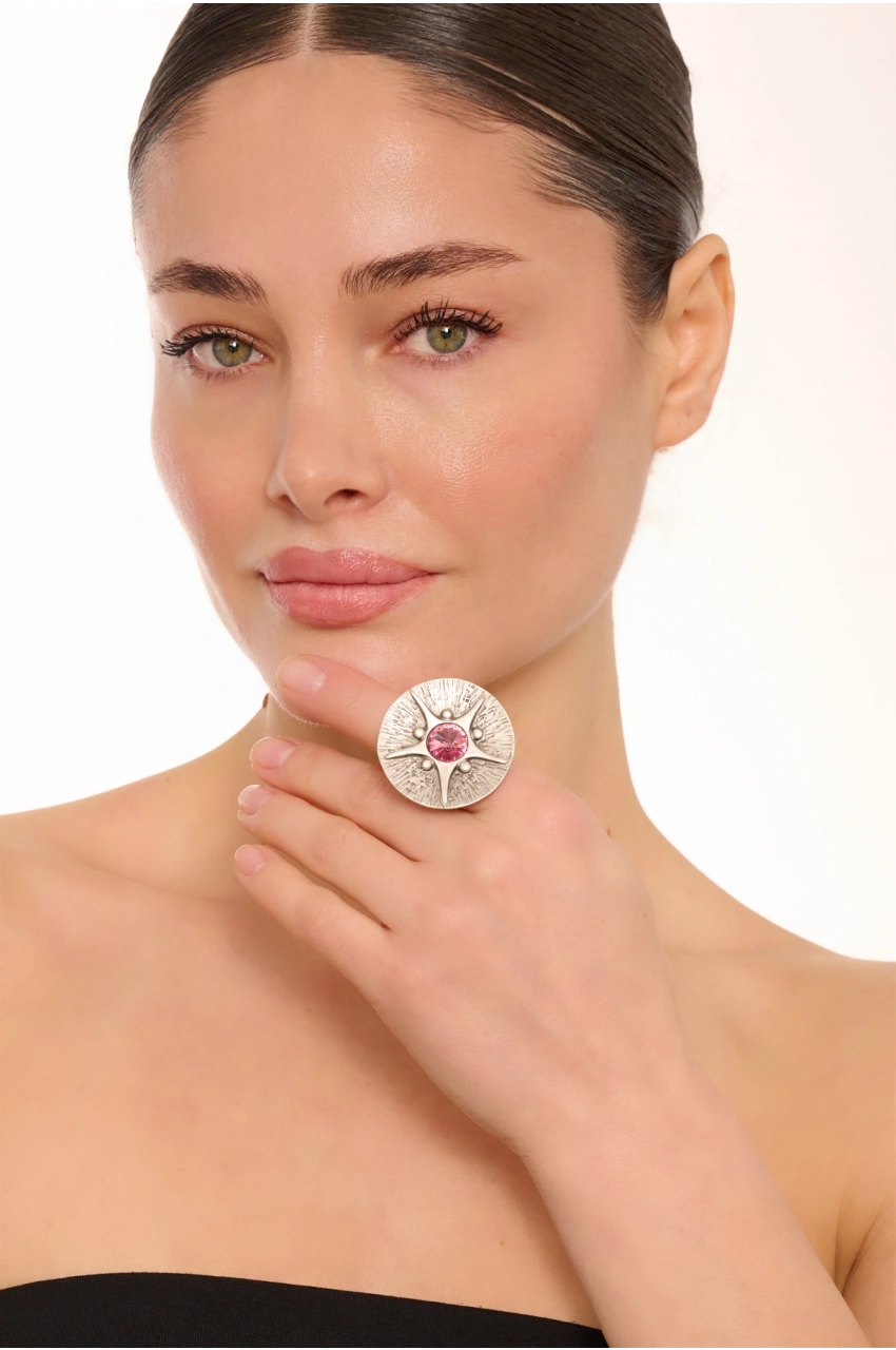 Kiraz Pink Crystal Stoned Silver Plated Ring