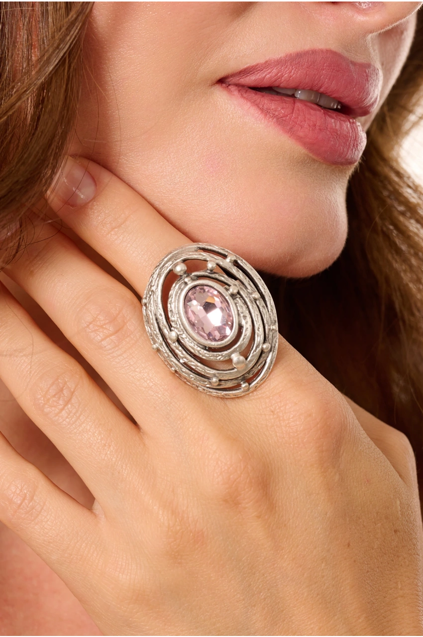 Kiraz Pink Crystal Stoned Silver Plated Ring