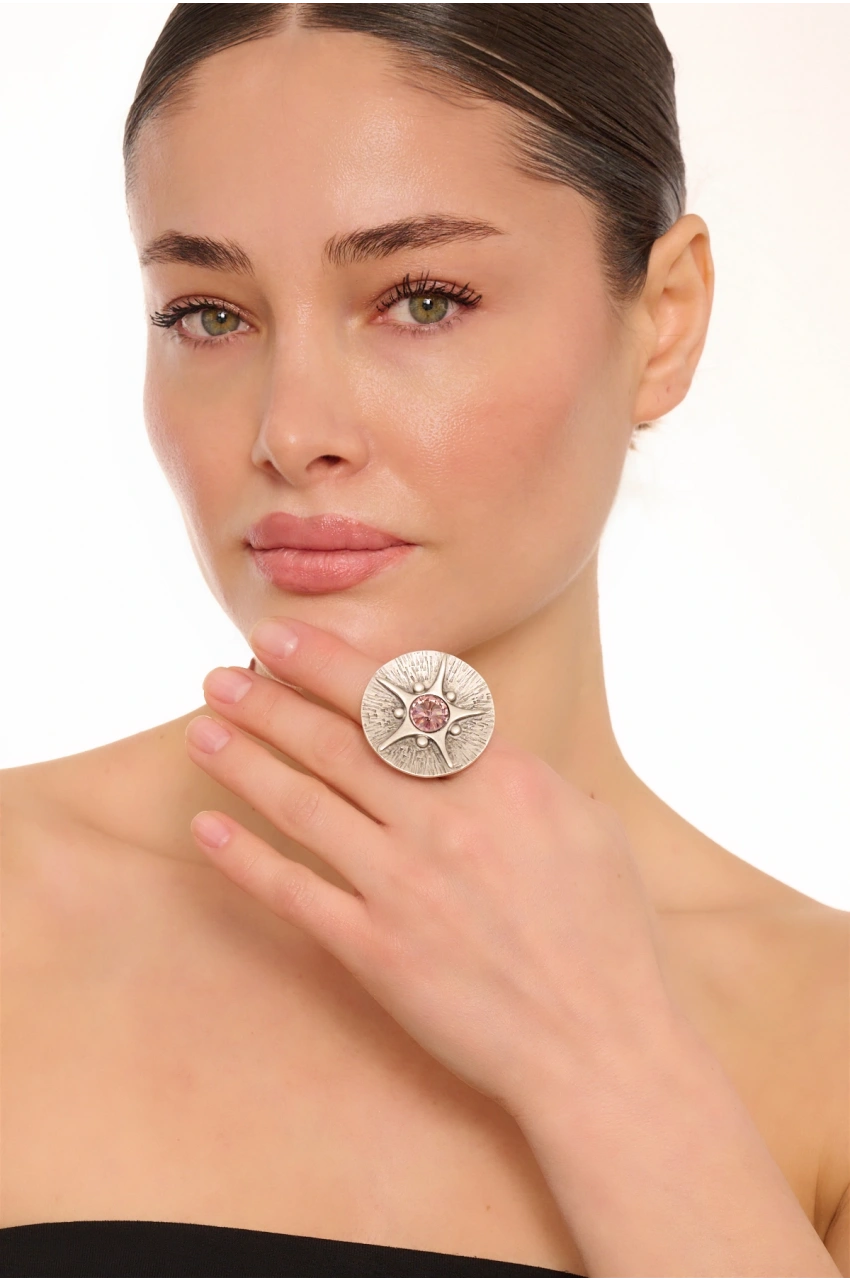 Kiraz Rose Color  Crystal Stoned Silver Plated Ring