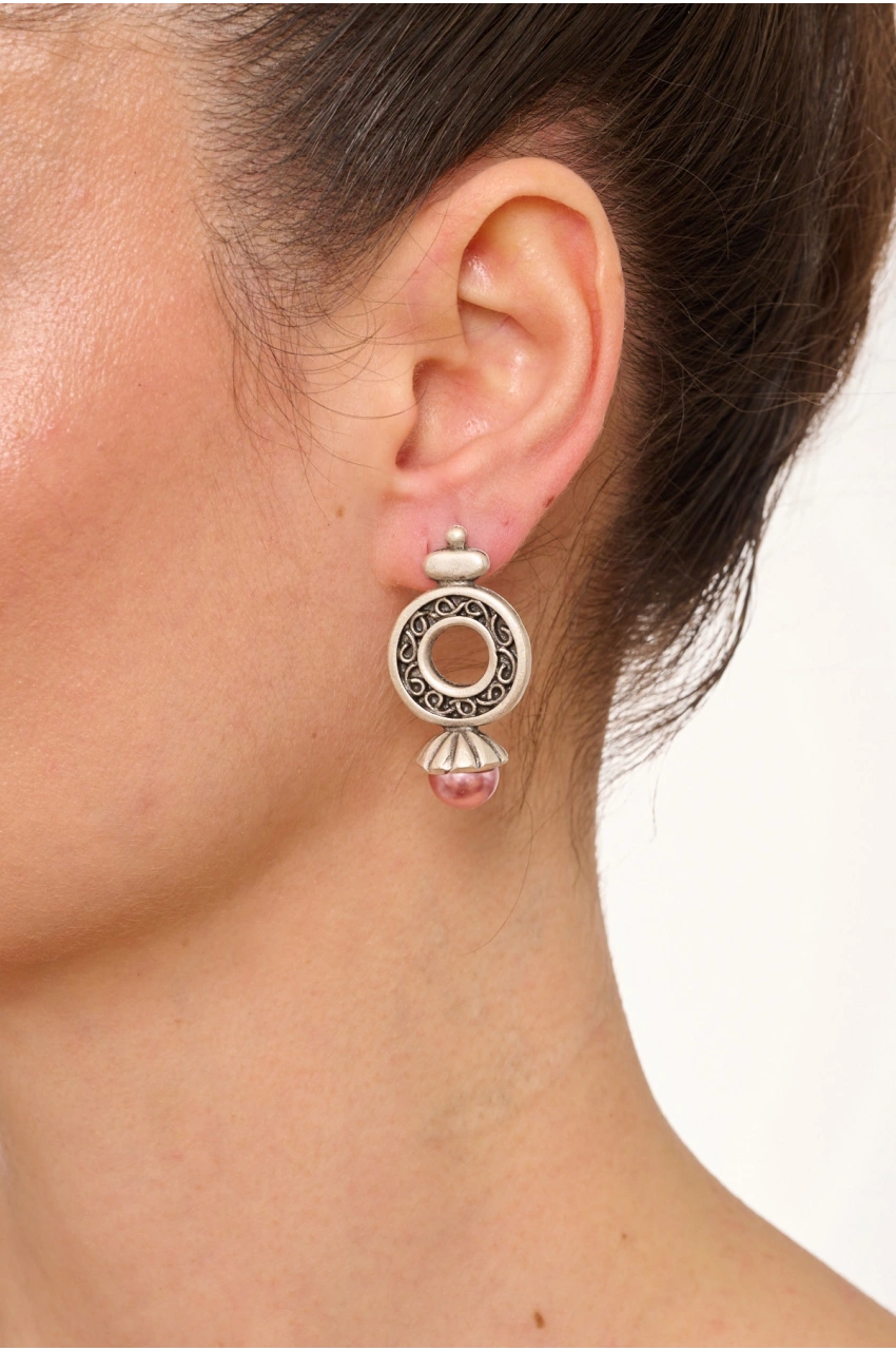 Kiraz Pink Pearl Stoned Silver Plated Earring