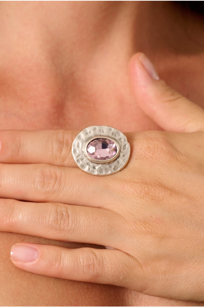Kiraz Pink Crystal Stoned Silver Plated Ring