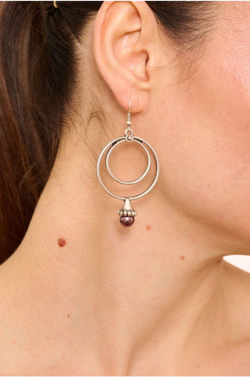 Kiraz Plum Pearl Stoned Silver Plated Earring