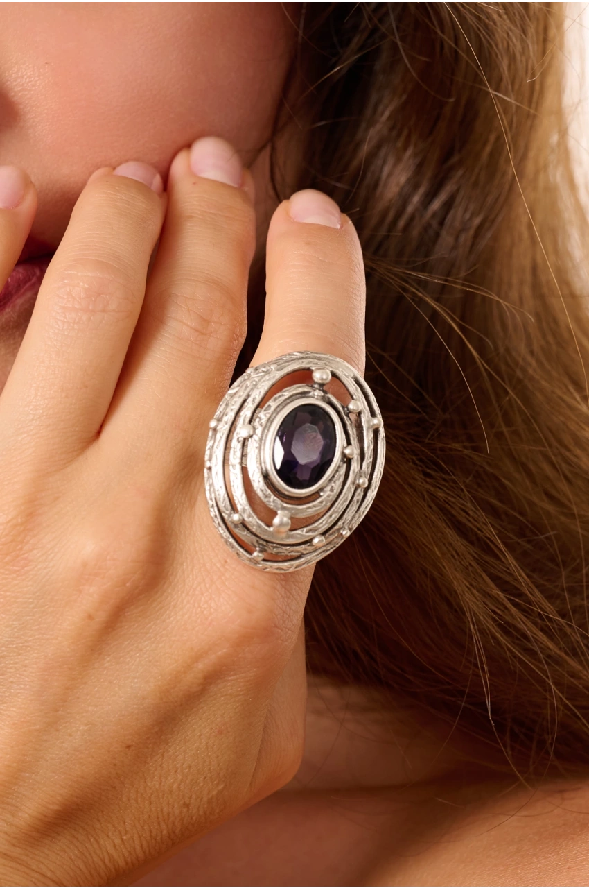 Kiraz Purple Crystal Stoned Silver Plated Ring