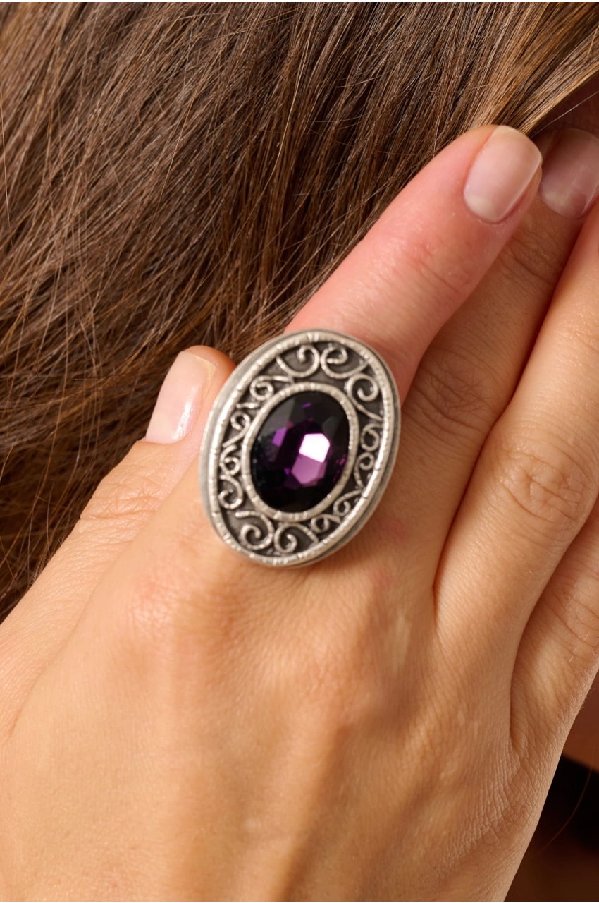 Kiraz Purple Crystal Stoned Silver Plated Ring