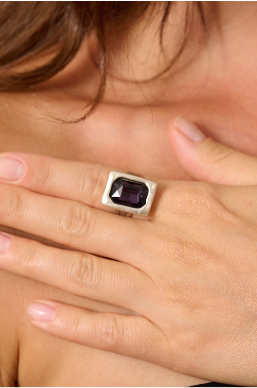 Kiraz Purple Crystal Stoned Silver Plated Ring