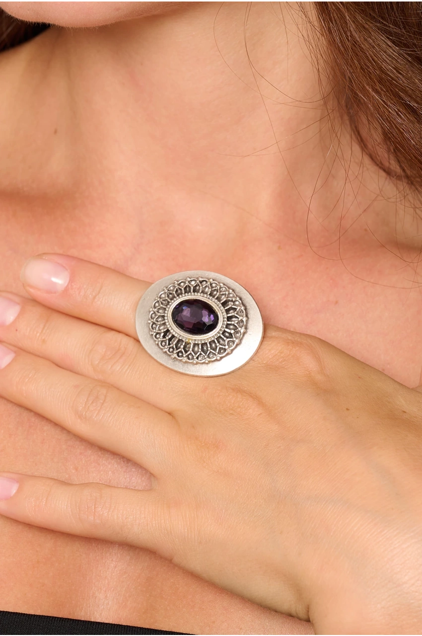 Kiraz Purple Crystal Stoned Silver Plated Ring