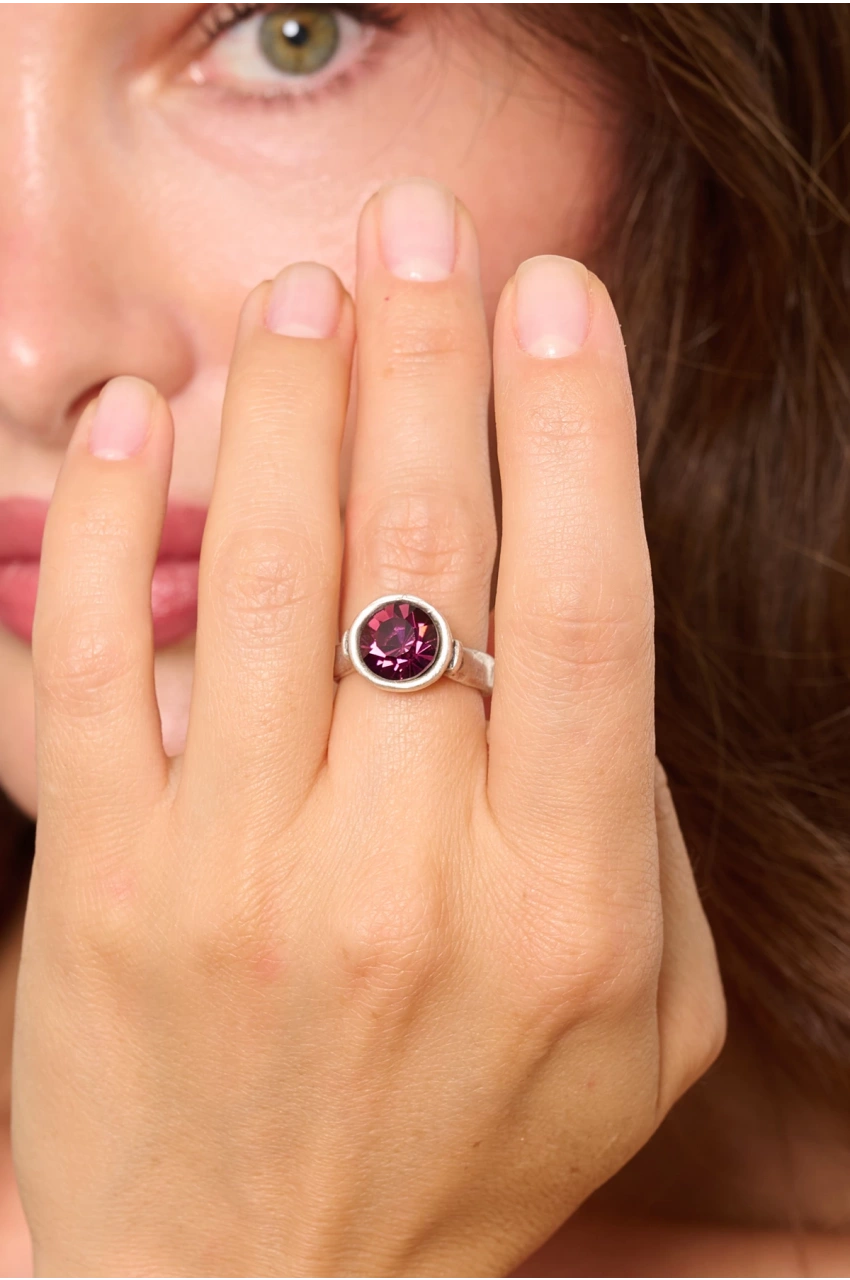 Kiraz Purple Crystal Stoned Silver Plated Ring