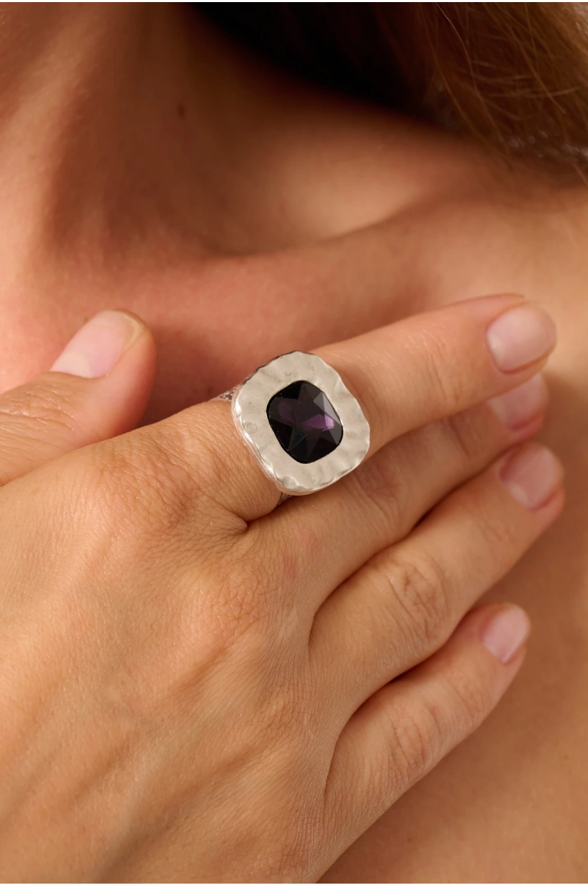 Kiraz Purple Crystal Stoned Silver Plated Ring