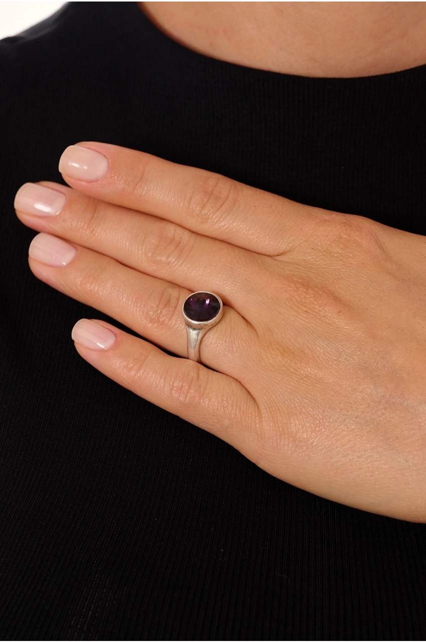 Kiraz Purple Crystal Stoned Silver Plated Ring